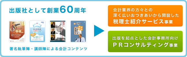 出版社として創業60周年　著名執筆陣・講師陣による会計コンテンツ　会計業界の方々との深く広いおつきあいから開設した税理士紹介サービス事業　出版を起点とした会計事務所向けPRコンサルティング事業